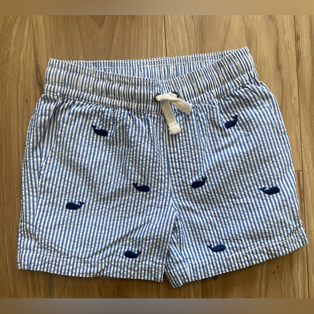 Adventure Wear 360 Blue Striped Seersucker Embroidered Whale’s Shorts Size 4